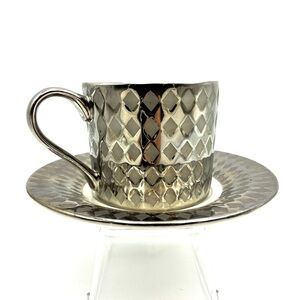 Elegant Silver Diamond Pattern Coffee Cup and Saucer Set